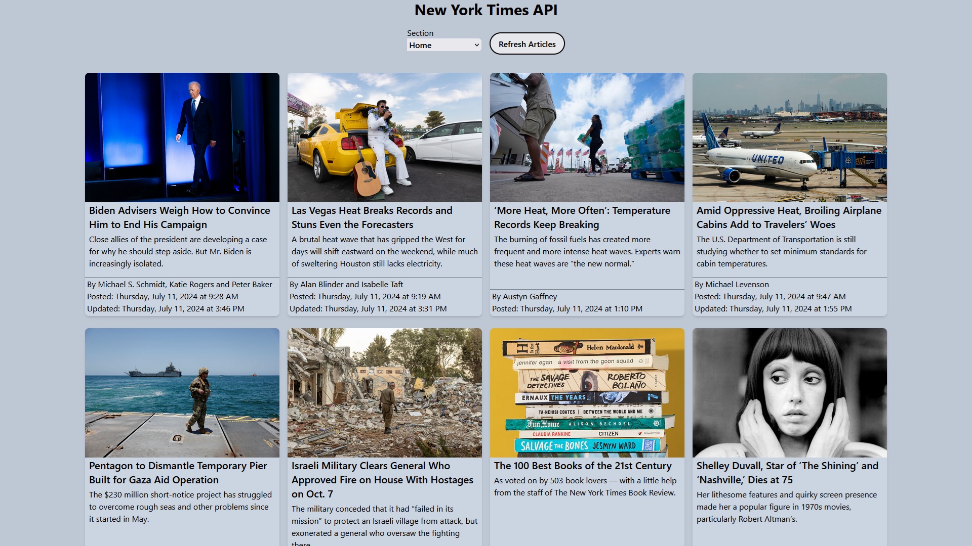 A website using the New York Times API and JavaScript to display written articles.