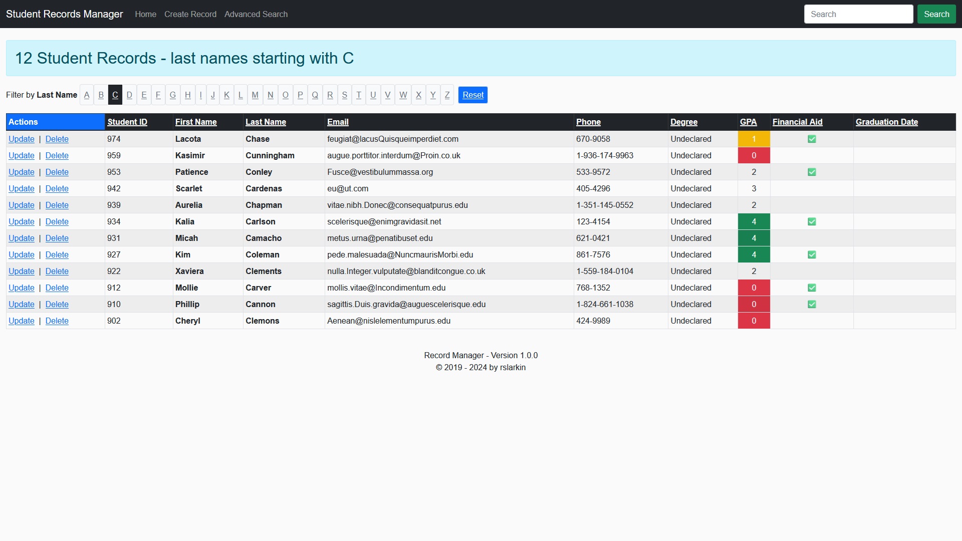 A website using PHP and SQL to display student records.